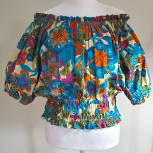 Ashley Grace, Off Shoulder Top, Teal Floral Print, Cotton, Large, NWT